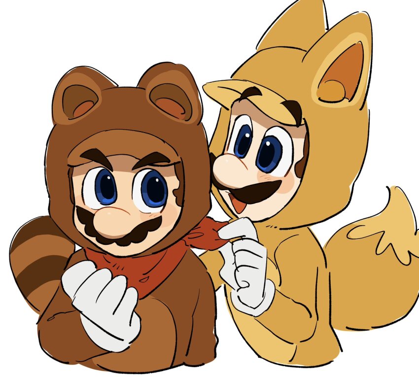 2boys animal_costume animal_ears animal_hood autumn autumn_leaves bandana blue_eyes brothers brown_hair gloves green_bandana hand_up highres hood hood_up kitsune_luigi luigi mario mario_(series) mimimi_(mimimim9999) multiple_boys nintendo raccoon_ears raccoon_tail red_bandana short_hair siblings super_mario_3d_land tail tanuki_costume tanuki_mario