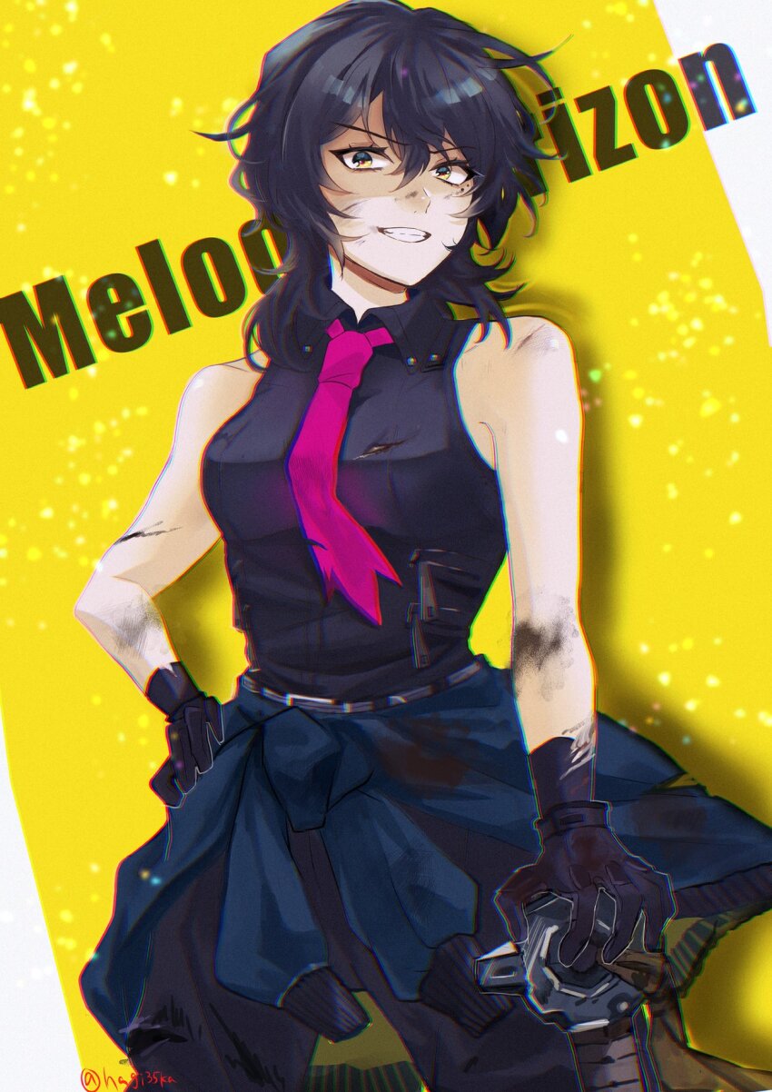 1girl arm_strap black_hair black_pants black_shirt breasts bruise character_name clothes_around_waist collared_shirt gloves hagioshi hand_on_own_hip highres injury jacket jacket_around_waist medium_hair melody_horizon_(flex_frontline) necktie open_mouth original pants purple_necktie second-party_source shirt sleeveless sleeveless_shirt smile solo standing torn_clothes torn_gloves two-tone_background white_background yellow_background