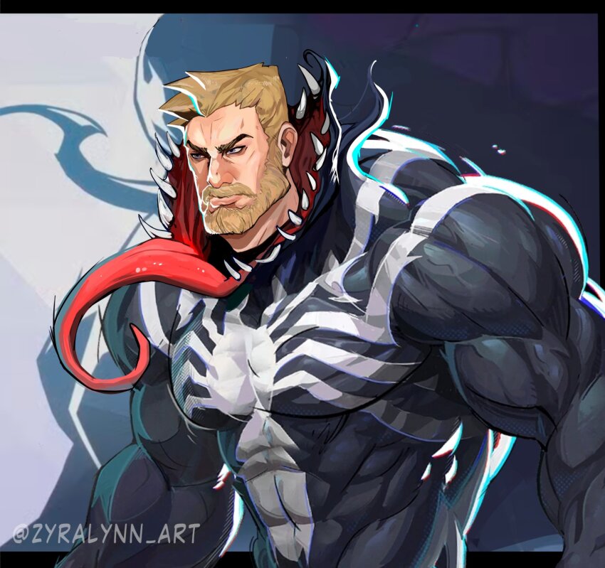 1boy blonde_hair eddie_brock highres long_tongue looking_at_viewer male_focus marvel marvel_rivals monster_boy muscular muscular_male open_mouth sharp_teeth short_hair solo spider-man_(series) symbiote teeth tongue tongue_out venom_(marvel) zyralynn_art