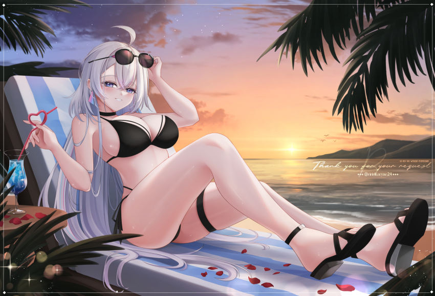 1girl ahoge beach beach_chair bikini bird black_bikini black_choker black_footwear breasts choker cloud cocktail crazy_straw drinking_straw dusk earrings ember_amane eyewear_on_head grey_hair heart_straw highres jewelry large_breasts long_hair ocean palm_leaf phase_connect red_petals rika_ryne side-tie_bikini_bottom solo sunglasses swimsuit thigh_strap twitter_username virtual_youtuber