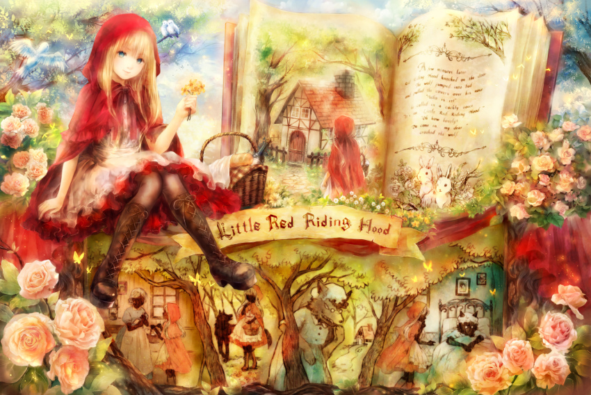 1girl apron basket bed big_bad_wolf bird blonde_hair blue_eyes book boots bottle bread bug building butterfly cape copyright_name cottage cross-laced_footwear disguise dress female_focus fence flower food forest glasses hand_to_own_mouth hat holding holding_flower hood house insect lace-up_boots little_red_riding_hood little_red_riding_hood_(grimm) long_hair lying nature on_back on_bed onineko open_book pantyhose pillow pink_flower pink_rose rabbit red_cape red_dress rose silhouette sitting solo tree wolf