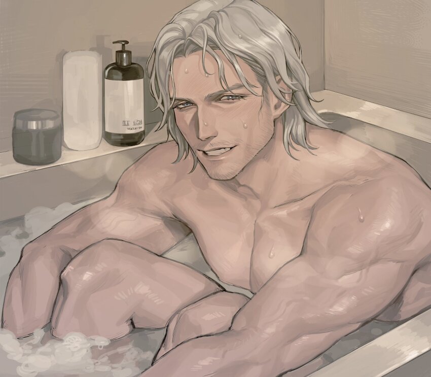 1boy bath bathroom bathtub blue_eyes collarbone commentary dante_(devil_may_cry) devil_may_cry_(series) devil_may_cry_5 facial_hair grin highres hugging_own_legs knees_up male_focus nonnon9977 nude pectorals smile soap_bottle soap_bubbles solo symbol-only_commentary teeth veins veiny_arms water water_drop wavy_hair wet wet_hair white_hair