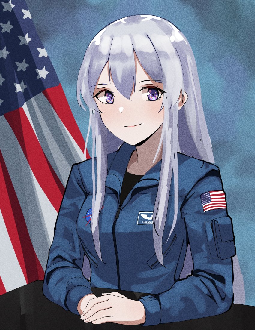 1girl absurdres american_flag azur_lane blue_jacket closed_mouth commentary commission english_commentary enterprise_(azur_lane) film_grain gar32 grey_hair highres jacket logo long_hair looking_at_viewer military military_uniform nasa nasa_logo purple_eyes smile solo upper_body