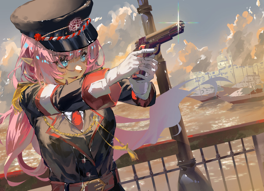 1girl aiming alternate_costume belt black_hat black_jacket blue_eyes blue_sky boat breasts cloud cloudy_sky elf elysia_(honkai_impact) elysia_(miss_pink_elf)_(honkai_impact) fuyuhoshi27 gloves gun handgun hat highres holding holding_gun holding_weapon honkai_(series) honkai_impact_3rd jacket large_breasts long_hair m1911 ocean pink_hair pointy_ears signet_of_ego sky smile upper_body watercraft weapon white_gloves