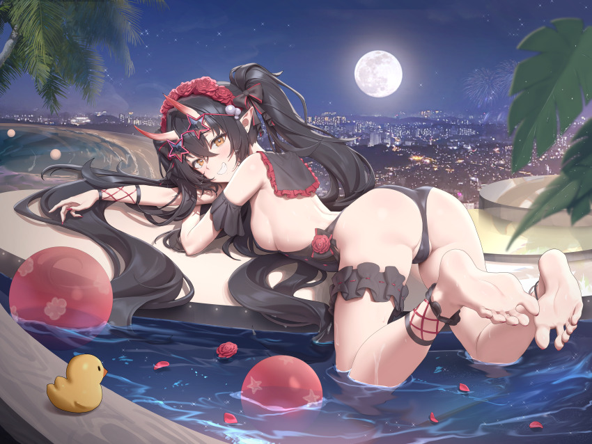 1girl absurdres ass back backless_swimsuit barefoot black_bow black_one-piece_swimsuit blush bow breasts bright_pupils brown_eyes cityscape closed_mouth commission crossed_bangs eyewear_on_head fat_mons feet flower frilled_thigh_strap from_behind full_body full_moon hair_between_eyes hair_bow hair_flower hair_ornament highres horns legs long_hair looking_at_viewer lying matsuno_noir medium_breasts moon muloli nail_polish on_stomach one-piece_swimsuit original outdoors palm_tree partially_visible_vulva petals petals_on_liquid plant pointy_ears red_flower rose rose_petals rubber_duck second-party_source sideboob skin-covered_horns smile soles solo spread_toes star-shaped_eyewear star_(symbol) sunglasses swimsuit teeth thigh_strap toenail_polish toenails toes tree twintails very_long_hair water white_pupils