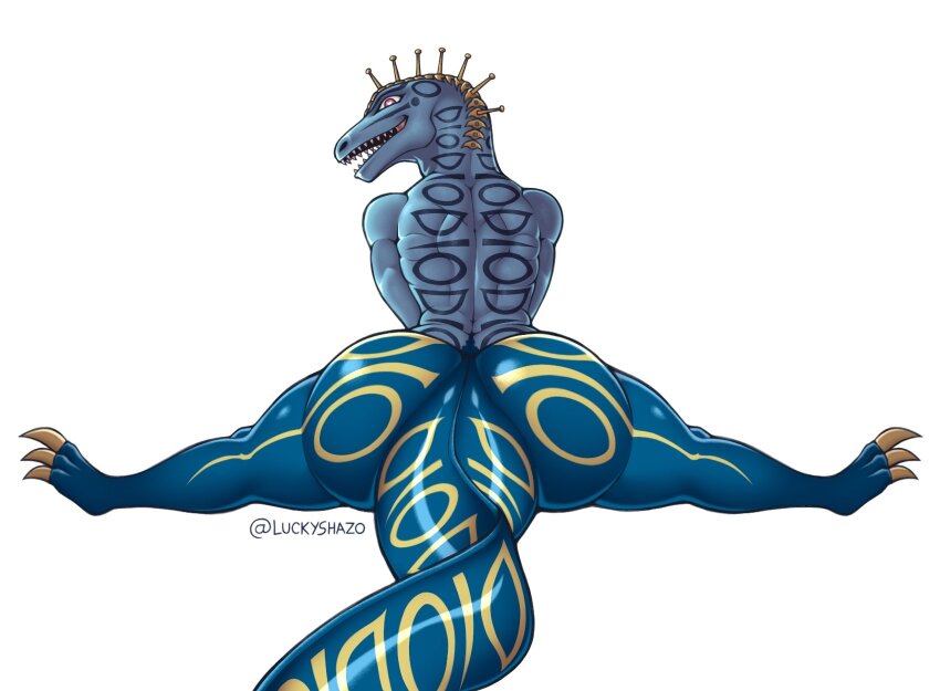 1boy ass diego_brando dinosaur highres huge_ass jojo_no_kimyou_na_bouken legs_apart looking_at_viewer looking_back luckyshazo male_focus meme scary_monsters_(stand) solo spread_legs stand_(jojo) steel_ball_run tail white_background wide_hips