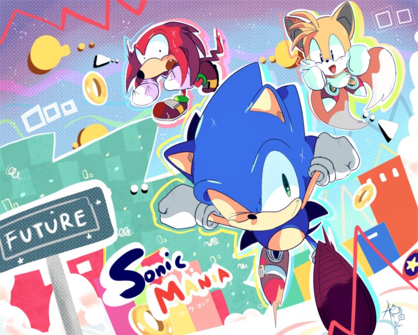 1990s_(style) 3boys aoi_(aoii91) black_eyes constricted_pupils fang furry furry_male gloves green_eyes highres knuckles_the_echidna male_focus multiple_boys multiple_tails one_eye_closed retro_artstyle running shoes sneakers sonic_(series) sonic_mania sonic_the_hedgehog sonic_the_hedgehog_(classic) tail tails_(sonic) white_gloves