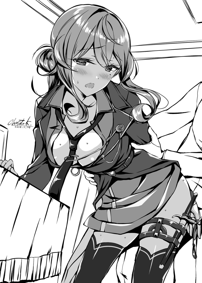 1boy 1girl admiral_(kancolle) blush breasts dagger dirk gotland_(kancolle) greyscale hair_between_eyes hair_bun hetero highres kantai_collection knife kobayashi_chisato long_hair long_sleeves looking_at_viewer medium_breasts military military_uniform mole mole_under_eye monochrome neckerchief necktie open_mouth sex single_hair_bun solo_focus standing standing_sex thighhighs weapon