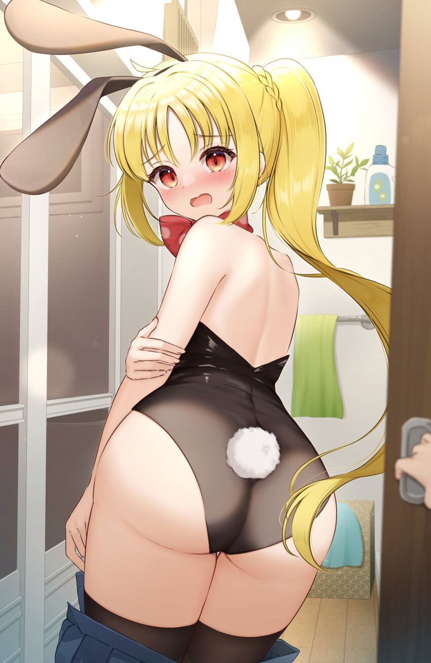 absurdres ahoge animal_ears ass bad_id bad_twitter_id bare_shoulders blonde_hair blush bocchi_the_rock! bow bowtie highres ijichi_nijika leotard open_mouth opening_door overhead_lights plant playboy_bunny pleated_skirt ponytail potted_plant rabbit_ears rabbit_tail red_eyes shelf skirt surprised tail thighhighs towel towel_rack trash_can yukiunag1