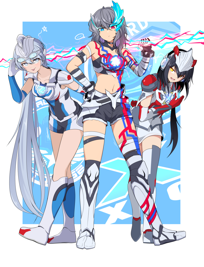 3girls absurdres black_hair genderswap genderswap_(mtf) ginga_no_kou grey_eyes grey_hair hand_on_own_hip headgear heterochromia highres holding holding_weapon humanization long_hair looking_at_viewer multiple_girls over_shoulder ponytail smile tokusatsu tongue tongue_out ultra_series ultraman_blazar ultraman_blazar_(series) ultraman_x ultraman_x_(series) ultraman_z ultraman_z_(series) weapon weapon_over_shoulder yellow_eyes