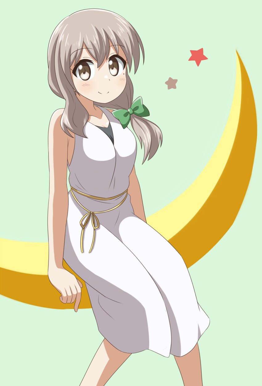 1girl bare_arms bare_shoulders bow breasts closed_mouth dot_nose feet_out_of_frame female_focus grey_eyes grey_hair hair_bow koisuru_asteroid long_hair medium_breasts mole mole_under_eye moon morino_mari nanog_eb1994 simple_background sitting smile solo star_(sky)