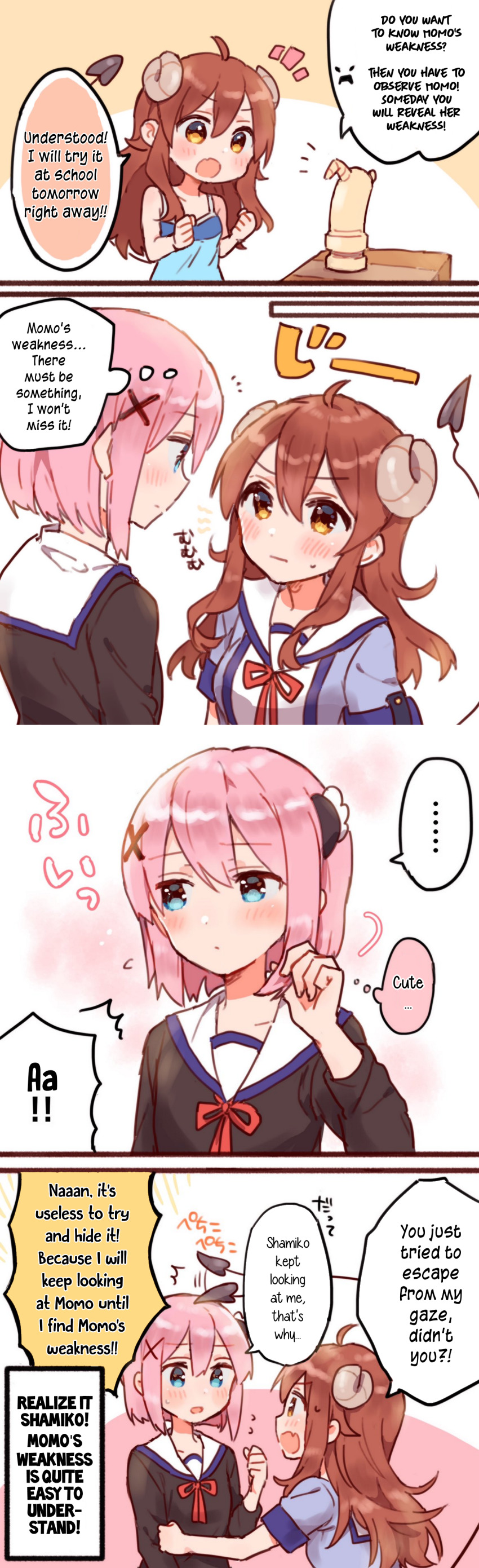 2girls absurdres ahoge blush brown_hair chiyoda_momo comic curled_horns demon_girl demon_horns demon_tail english_text expressive_tail hair_ornament hairclip hard-translated highres horns lilith_(machikado_mazoku) long_hair machikado_mazoku multiple_girls open_mouth pink_hair playing_with_own_hair school_uniform short_hair sorimachi-doufu tail tail_slapping tank_top third-party_edit translated yoshida_yuuko_(machikado_mazoku) yuri