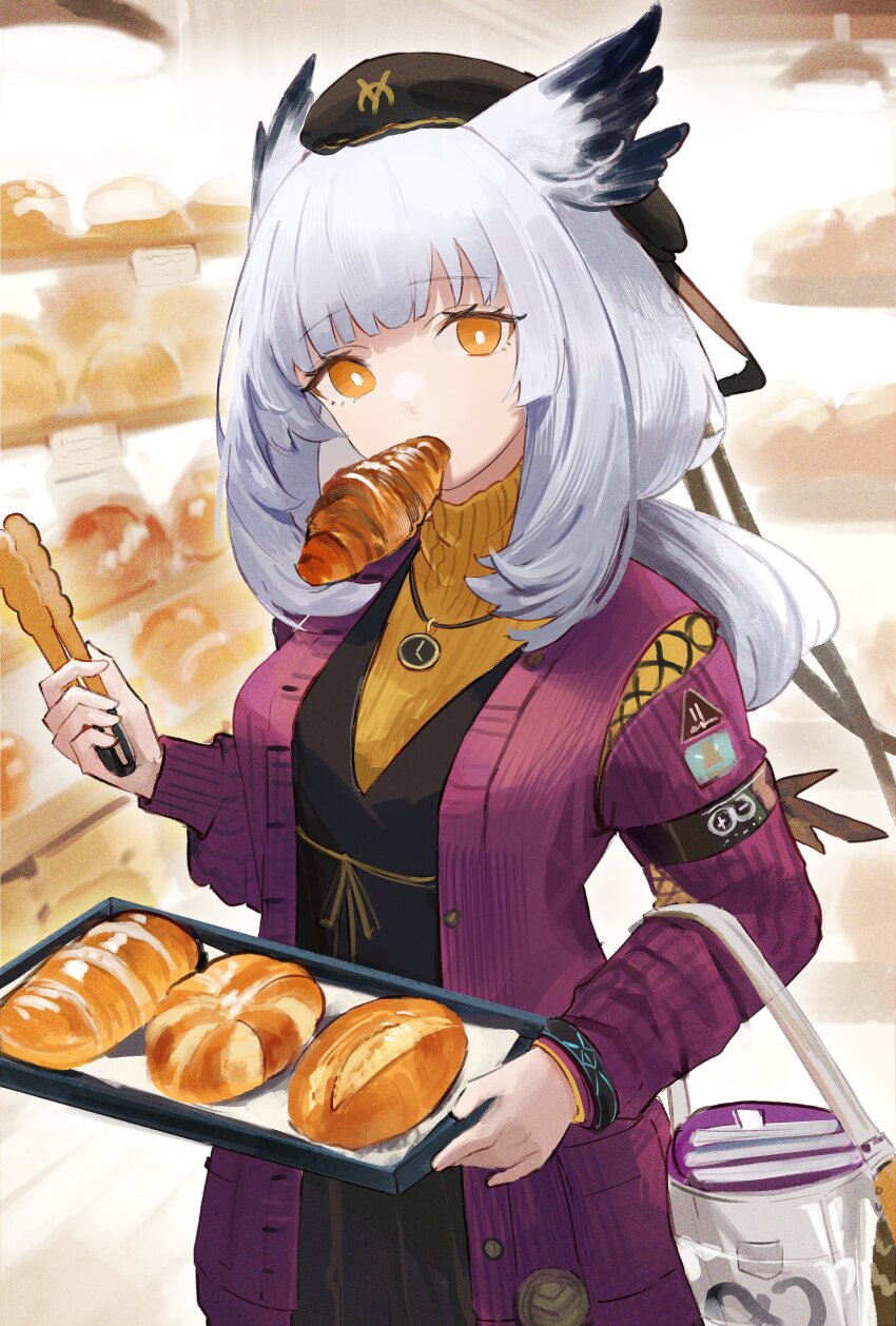 1girl absurdres arknights bag blunt_bangs blurry bread breasts croissant eating elbow_carry ema_(kuguiema) food food_in_mouth hat head_wings highres holding holding_tray jewelry looking_at_viewer medium_hair necklace orange_eyes ptilopsis_(arknights) ptilopsis_(serenity)_(arknights) shopping small_breasts solo tongs tray turtleneck white_hair wings