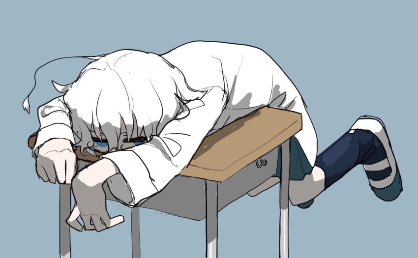 1girl ahoge black_socks blue_background blue_eyes blue_skirt coat commentary_request desk full_body glaring glasses highres kagaku_chop kneehighs lab_coat long_sleeves looking_at_viewer lying on_desk on_stomach school_desk school_uniform shoes short_hair simple_background sitting skirt socks solo suzuzono_sai ueki_(ueki056) uwabaki v-shaped_eyebrows white_coat white_hair