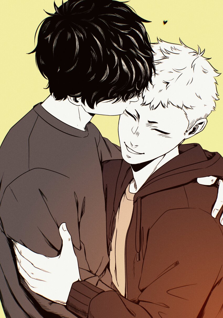 2boys absurdres amamiya_ren arm_around_shoulder closed_eyes commentary couple crew_neck drawstring greyscale_with_colored_background hand_on_another&#039;s_arm heart highres hood hoodie kiss kissing_forehead layered_clothes long_sleeves male_focus multiple_boys open_clothes open_hoodie parted_lips persona persona_5 raph_(raphodraws) sakamoto_ryuuji shirt short_hair smile t-shirt upper_body very_short_hair yaoi