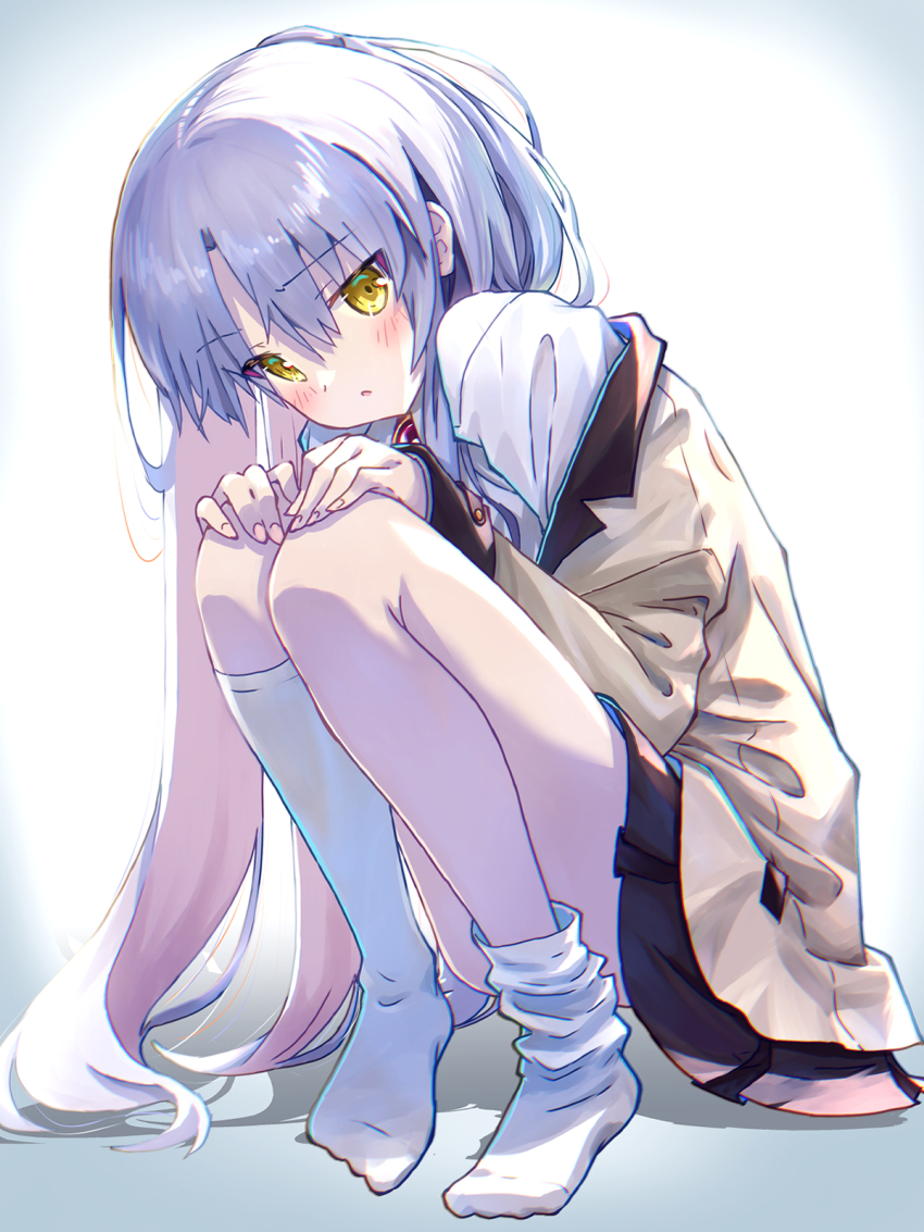 1girl akayama_yukihe angel_beats! blazer blush commentary_request fingernails hair_between_eyes hands_on_own_knees highres jacket knees_up long_hair no_shoes off_shoulder open_mouth pleated_skirt school_uniform shirt single_loose_sock sitting skirt sock_pull socks solo tachibana_kanade white_background white_shirt white_socks yellow_eyes