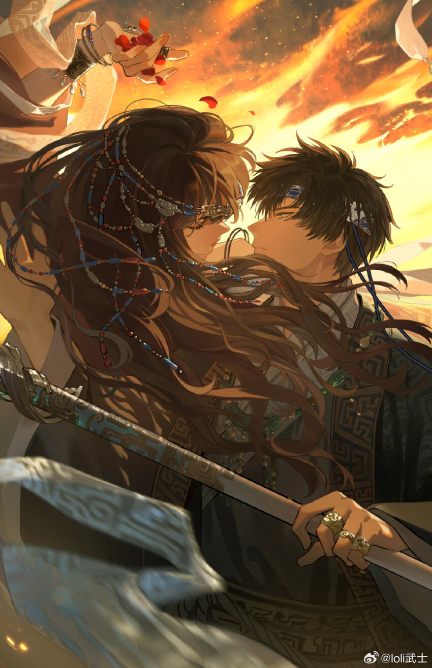 1boy 1girl black_hair brown_eyes chinese_clothes couple eye_contact green_eyes headband hetero highres holding holding_petal jewelry lips loli_bushi long_hair long_sleeves looking_at_another love_and_deepspace multiple_rings outdoors petals protagonist_(love_and_deepspace) ring short_hair sword weapon wide_sleeves zayne_(love_and_deepspace)