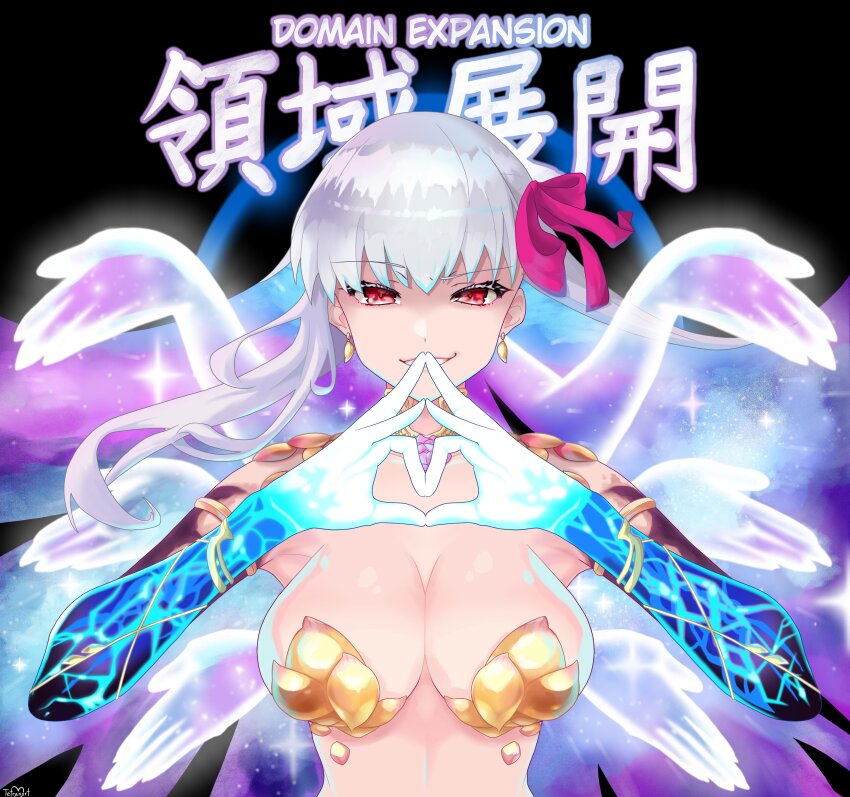 1girl absurdres breasts cleavage domain_expansion domain_expansion_(jujutsu_kaisen) earrings fate/grand_order fate_(series) highres jewelry jujutsu_kaisen kama_(fate) large_breasts long_hair parody red_eyes revealing_clothes solo type-moon