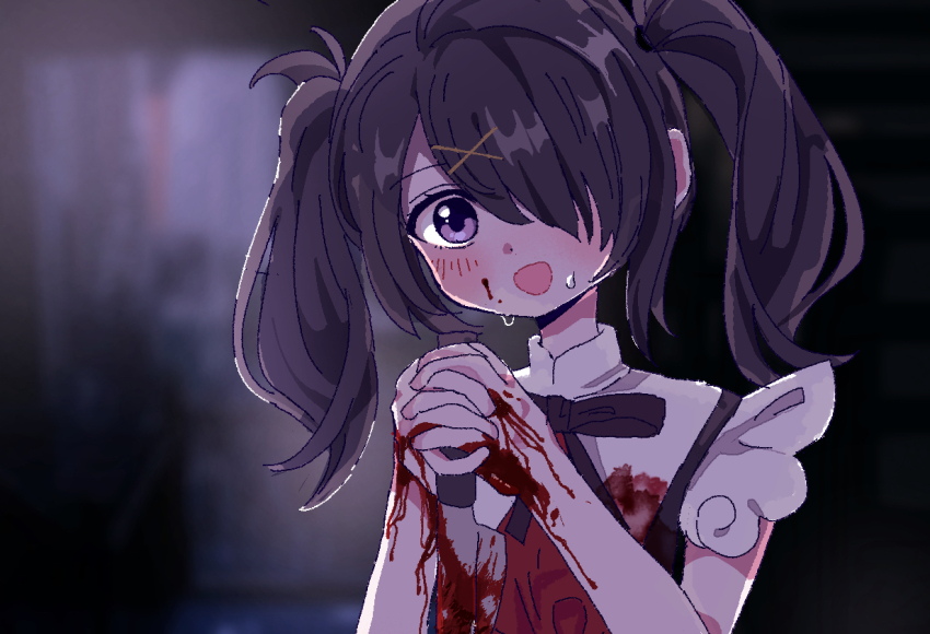 1girl :d ame-chan_(needy_girl_overdose) black_eyes black_hair black_ribbon blood blood_on_clothes blood_on_hands bloody_knife hair_ornament hair_over_one_eye holding holding_knife itomakirichan knife long_hair neck_ribbon needy_girl_overdose open_mouth red_shirt ribbon shirt smile solo sweatdrop twintails upper_body x_hair_ornament