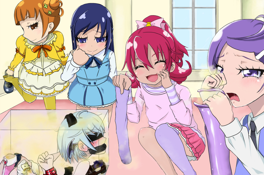 1boy 4girls aida_mana blue_eyes blue_hair blush dokidoki!_precure feet femdom hishikawa_rikka ira_(dokidoki!_precure) kenzaki_makoto multiple_girls pink_hair precure puii purple_eyes purple_hair shoes unworn_shoes single_thighhigh smell smelling unworn_socks thighhighs yotsuba_alice