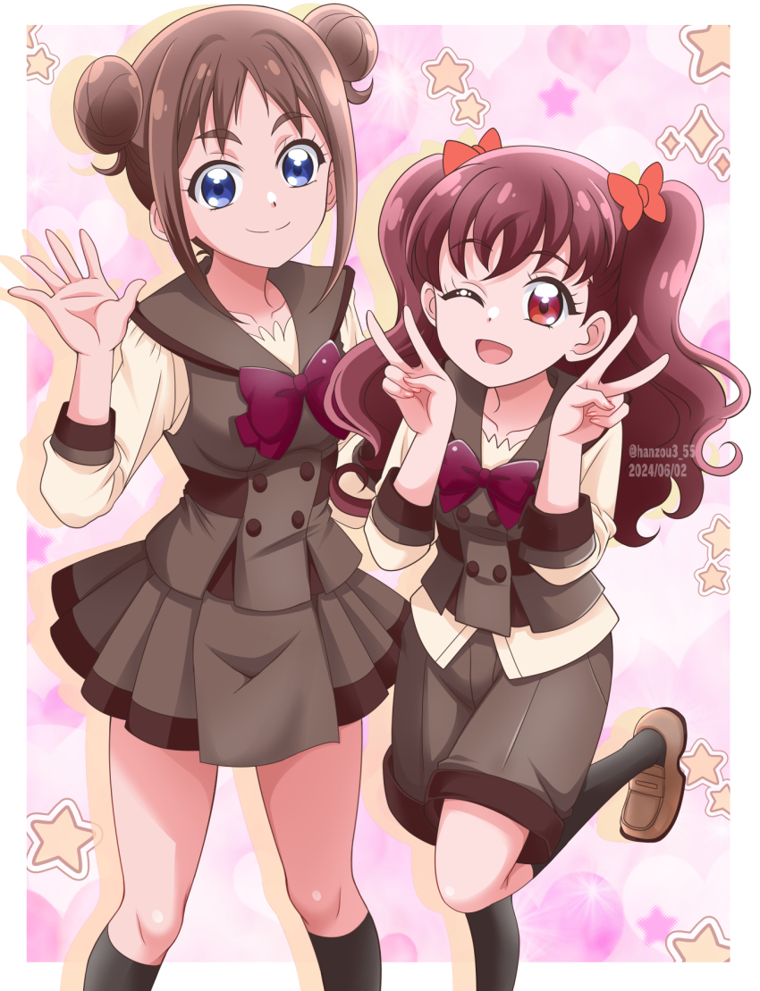 2girls black_socks blouse blue_eyes bow bowtie brown_footwear brown_hair brown_shirt brown_shorts brown_skirt brown_vest closed_mouth commentary dated double_bun double_v hair_bow hair_bun hanzou heart highres kanie_(precure) leg_up loafers long_hair looking_at_viewer miniskirt multiple_girls one_eye_closed ookuma_(precure) open_mouth pleated_skirt precure purple_bow purple_bowtie red_bow red_bowtie red_eyes red_hair school_uniform second_wangan_school_uniform shirt shoes short_hair shorts side-by-side skirt smile socks standing standing_on_one_leg star_(symbol) twitter_username v vest waving_arm white_shirt wonderful_precure!