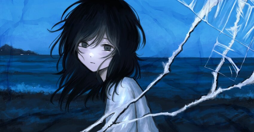 1girl beach black_hair blue_sky cel_(cpch_01) dusk expressionless grey_eyes hair_between_eyes highres horizon looking_at_viewer medium_hair ocean original outdoors page_tear revealing_layer shirt sky solo tape upper_body white_shirt