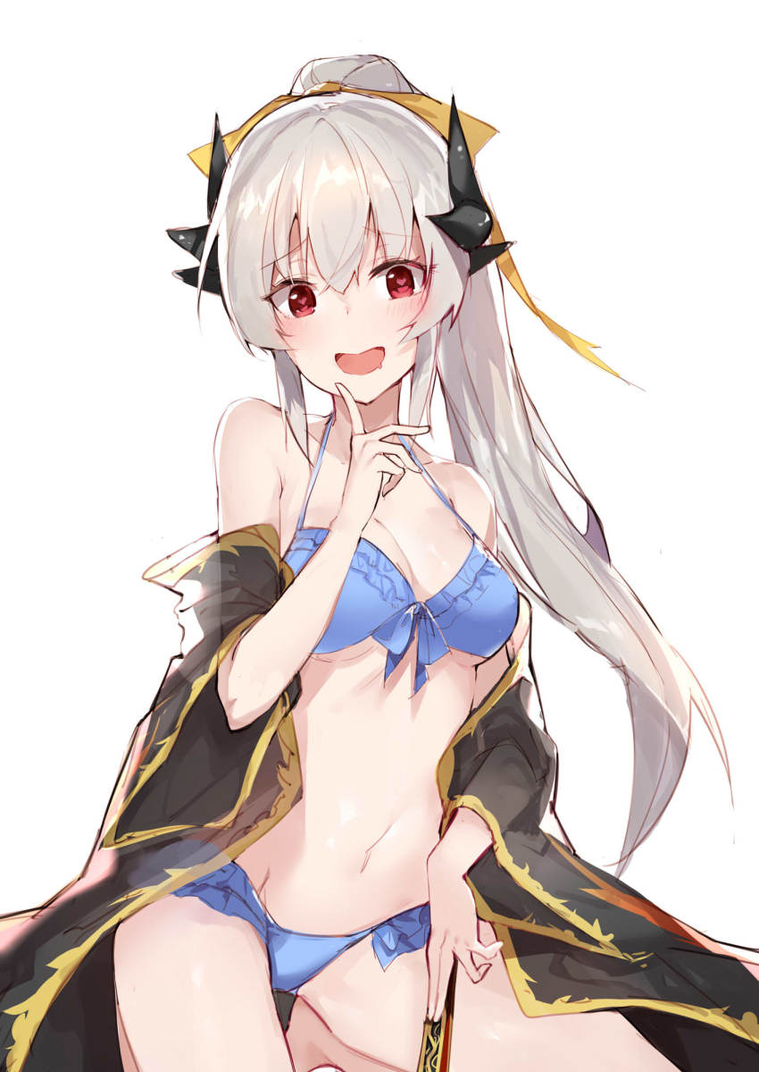 1girl aida_(chinhung0612) bare_shoulders bikini bikini_under_clothes black_kimono blue_bikini blush bow breasts dragon_horns fate/grand_order fate_(series) finger_to_mouth frilled_bikini frills hair_between_eyes hair_bow halterneck heart heart-shaped_pupils highres horns japanese_clothes kimono kiyohime_(fate) kiyohime_(fate/grand_order) kiyohime_(swimsuit_lancer)_(fate) kiyohime_(swimsuit_lancer)_(third_ascension)_(fate) long_hair looking_at_viewer medium_breasts navel off_shoulder open_mouth ponytail red_eyes see-through_clothes silver_hair simple_background sitting solo stomach swimsuit symbol-shaped_pupils white_background wide_sleeves yellow_bow