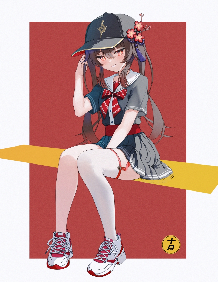 1girl absurdres adjusting_hair alternate_costume belt black_nails black_serafuku black_skirt brown_hair flower flower-shaped_pupils garter_straps genshin_impact grin hat hat_flower highres hu_tao_(genshin_impact) long_hair looking_at_viewer neckerchief peaked_cap pleated_skirt plum_blossoms red_belt red_eyes red_neckerchief school_uniform serafuku shiratori_aki shoes single_thighhigh sitting skirt smile sneakers symbol-shaped_pupils thighhighs twintails white_sneakers