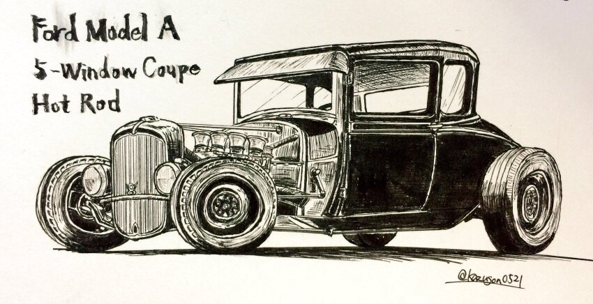 artist_name car datsan engine ford ford_model_a greyscale highres ink_(medium) monochrome motor_vehicle no_humans original pen_(medium) shadow traditional_media vehicle_focus vehicle_name white_background