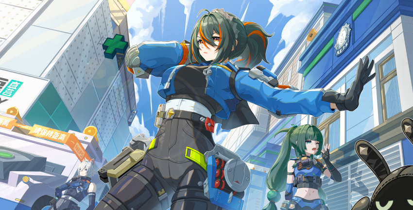 1boy 2girls absurdres black_gloves black_hair black_pants blue_jacket blue_sky breasts bupa_chila car gloves green_eyes grey_hair hair_between_eyes high-waist_pants highres holster jacket large_breasts metal_hairband motor_vehicle multicolored_hair multiple_girls outstretched_arm pants parted_lips police police_car police_uniform policewoman ponytail qingyi_(zenless_zone_zero) red_eyes securityboo_(zenless_zone_zero) seth_lowell shoulder_holster sky streaked_hair tight_clothes tight_pants uniform white_hair zenless_zone_zero zhu_yuan