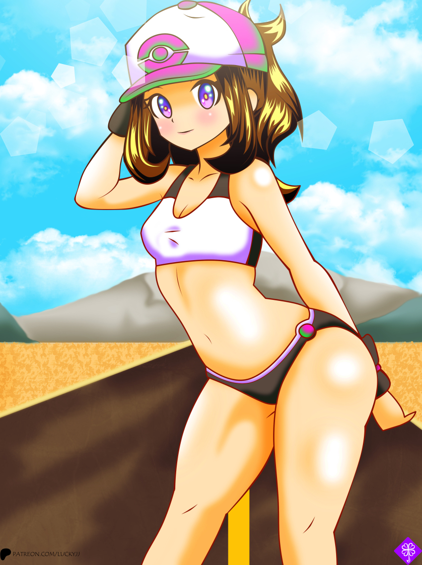 absurdres breasts cap creatures_(company) desert game_freak highres hilda_(pokemon) lucky-jj nintendo patreon pokemon pokemon_bw simple_background small_breasts tagme