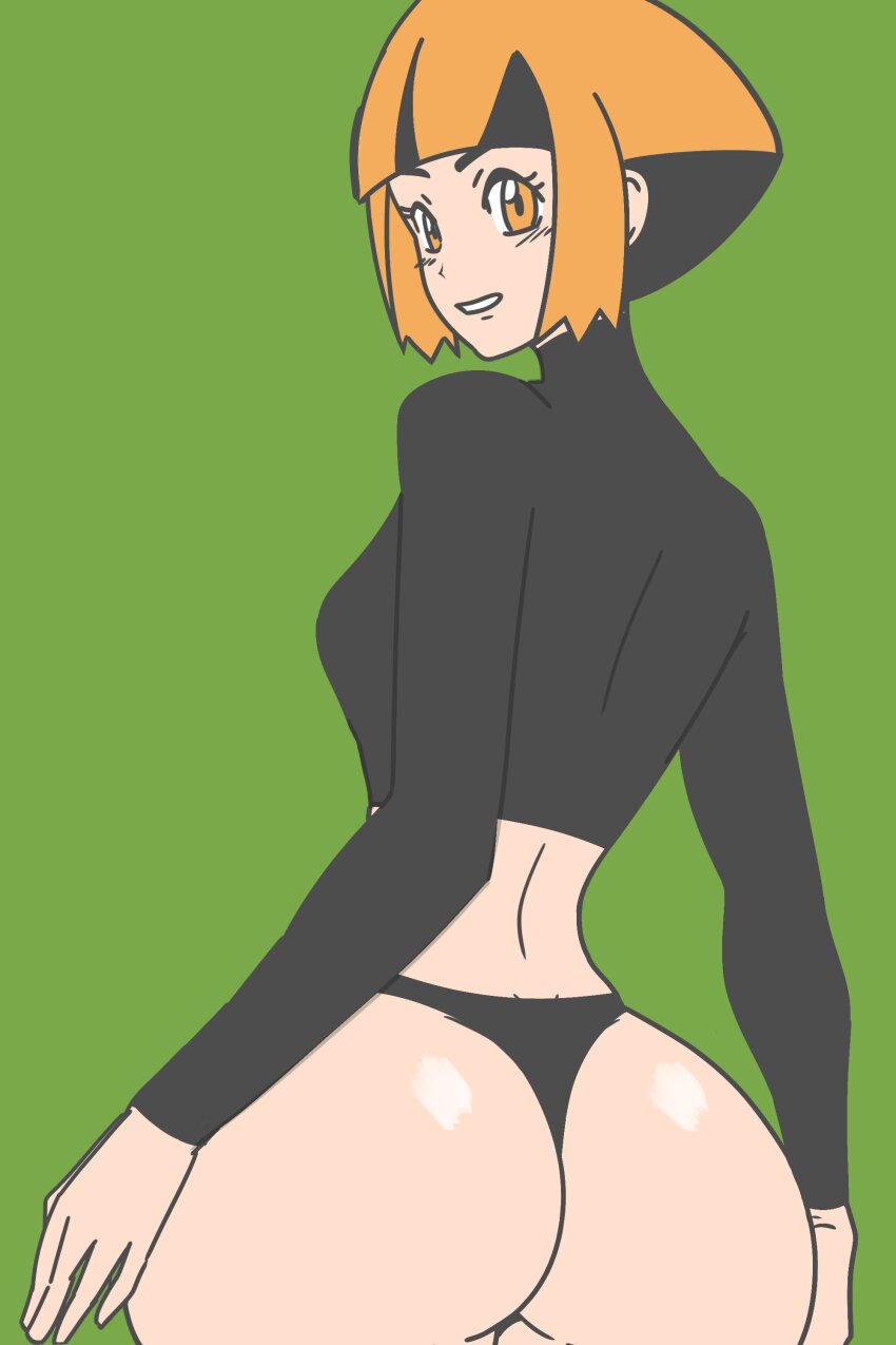 1girl absurdres ass black_hair blush creatures_(company) crop_top dimples_of_venus from_behind game_freak gardenia_(pokemon) green_background highres huge_ass looking_at_viewer looking_back multicolored_hair nintendo orange_eyes orange_hair panties pokemon pokemon_dppt saucy_aussy short_hair smile solo two-tone_hair underwear