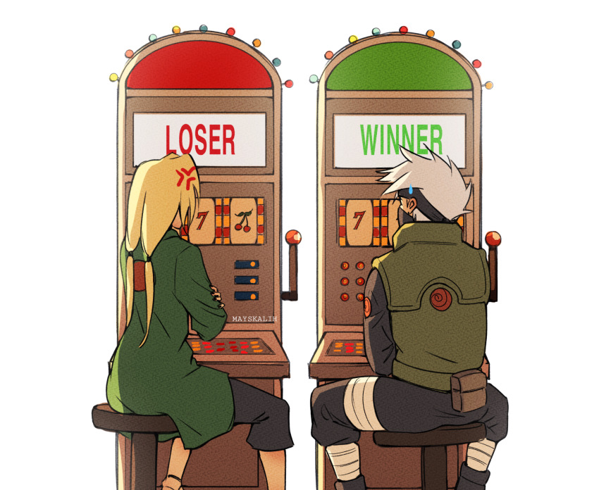 1boy 1girl anger_vein blonde_hair casino crossed_arms from_behind grey_hair hatake_kakashi highres long_hair mayskalih naruto_(series) naruto_shippuuden pants sitting slot_machine sweatdrop tsunade_(naruto)