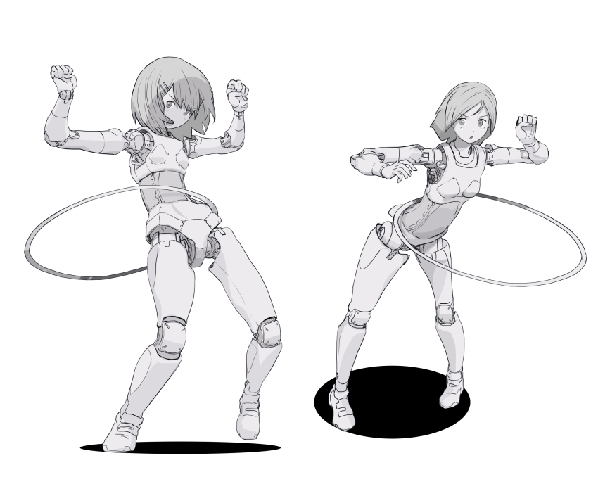 breasts cyborg greyscale highres hoop hula_hoop monochrome original robot short_hair small_breasts sukabu