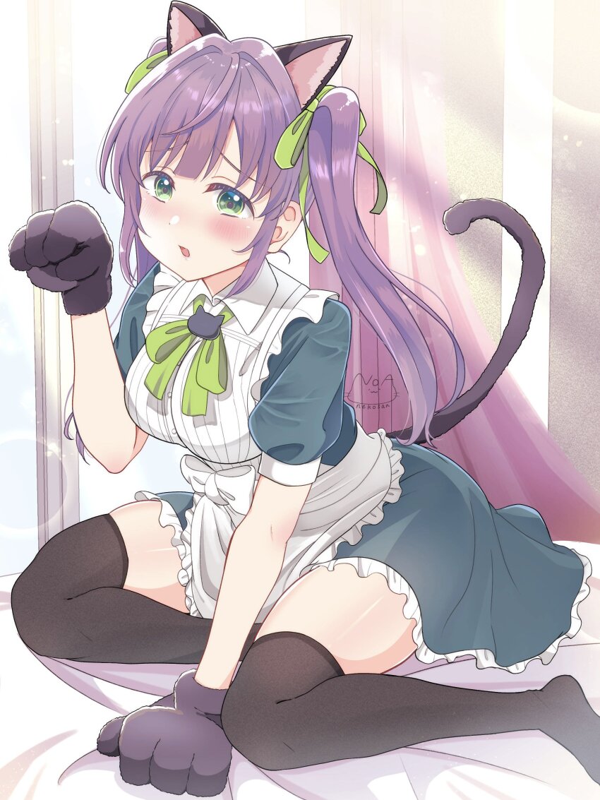 1girl absurdres animal_ear_hairband animal_ears animal_hands apron black_gloves black_thighhighs blush cat_brooch cat_ear_hairband cat_ears cat_paws cat_tail commentary_request dress embarrassed fake_animal_ears frilled_apron frilled_dress frills full_body gloves good_thighs_day green_dress green_eyes green_ribbon hair_intakes hair_ribbon hairband highres light_particles link!_like!_love_live! long_hair looking_at_viewer love_live! maid maid_apron neck_ribbon no_shoes noanekosan official_alternate_costume official_alternate_hairstyle open_mouth otomune_kozue paw_gloves paw_pose puffy_short_sleeves puffy_sleeves purple_hair ribbon short_dress short_sleeves sidelocks signature skindentation solo tail thighhighs thighs twintails virtual_youtuber white_apron zettai_ryouiki