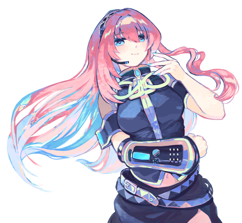 1girl absurdres aqua_nails beekan belt black_skirt black_vest blue_eyes breasts closed_mouth commentary_request detached_sleeves gold_trim hair_between_eyes hand_up headset high_collar highres large_breasts light_blush long_hair looking_at_viewer megurine_luka midriff_peek navel pink_hair side_slit single_detached_sleeve skirt smile solo upper_body vest vocaloid white_background