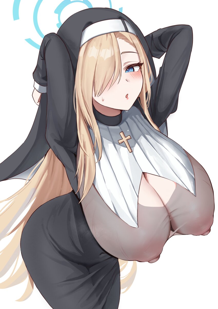 1girl :o absurdres arms_behind_head asuna_(blue_archive) black_dress blue_archive blue_eyes blush breasts cleavage cleavage_cutout clothing_cutout covered_erect_nipples cross dress fluffyebi01 habit hair_over_one_eye halo highres huge_breasts light_brown_hair long_hair looking_at_viewer nipples nun open_mouth see-through see-through_dress smile solo veil very_long_hair