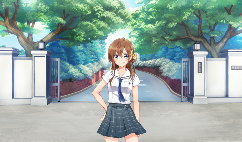 1girl arihara_tsubasa arm_at_side blue_eyes blue_necktie bow brown_hair cinderella_series closed_mouth game_cg grey_skirt hachigatsu_no_cinderella_nine hair_between_eyes hair_bow hand_on_own_hip highres long_hair looking_at_viewer necktie non-web_source official_art outdoors plaid_clothes plaid_skirt pleated_skirt satogahama_school_uniform school_gateway school_uniform shirt short_sleeves skirt smile solo standing summer_uniform tree white_shirt yellow_bow