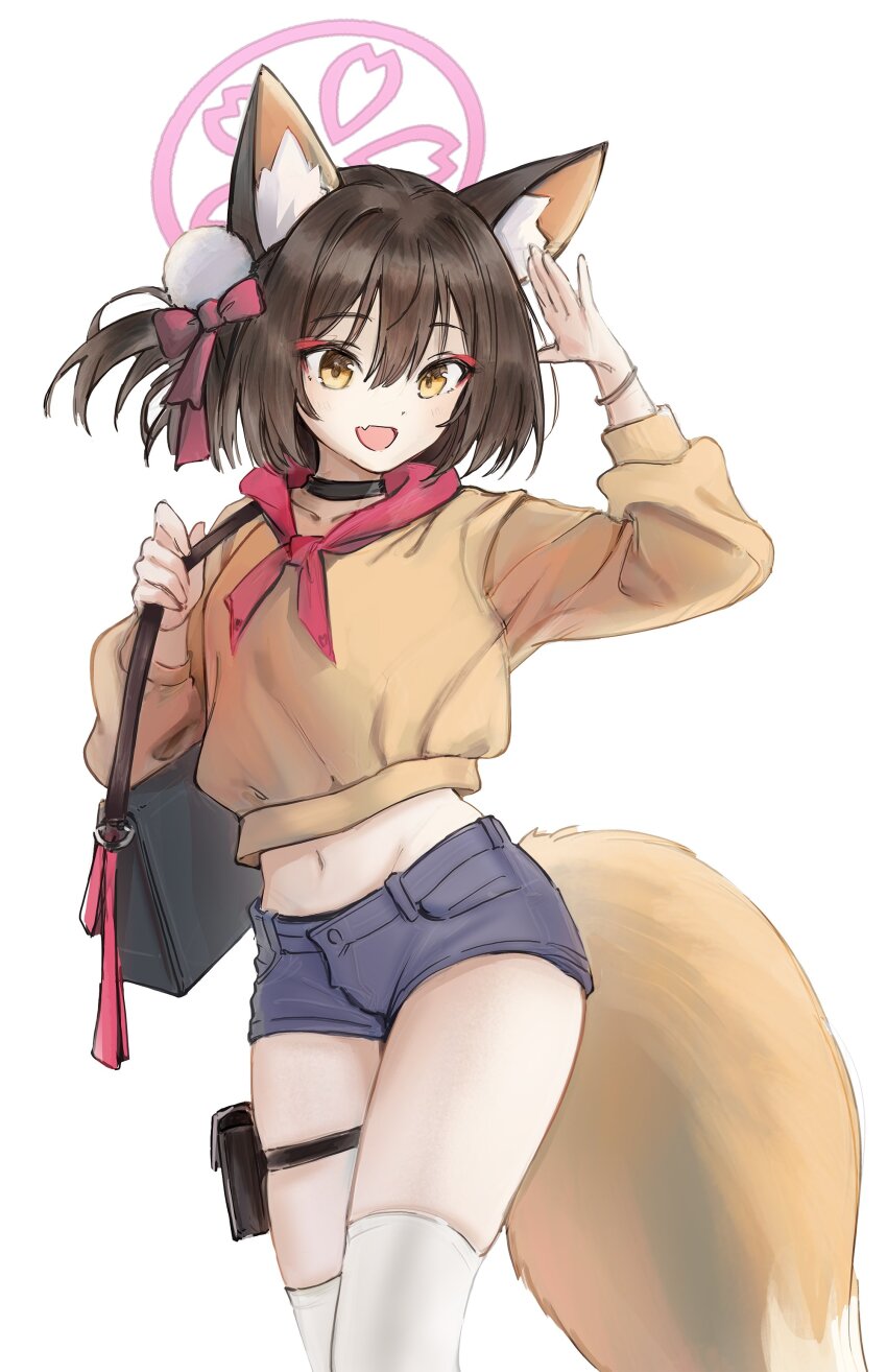 1girl :d absurdres animal_ears bag black_choker blue_archive blue_shorts brown_hair casual choker cropped_sweater fang fefee fox_ears fox_girl fox_tail halo highres izuna_(blue_archive) long_sleeves navel neckerchief open_mouth pink_halo pouch short_hair short_shorts shorts shoulder_bag simple_background skin_fang smile sweater tail thigh_pouch thighhighs white_background white_thighhighs yellow_eyes yellow_sweater