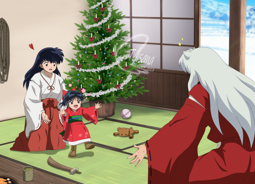 1boy 2023 2girls animal_ears black_hair blurry blurry_background bow cat_ears christmas_tree commentary dress english_commentary hair_bow hakama han&#039;you_no_yashahime heart highres higurashi_kagome indoors inuyasha inuyasha_(character) japanese_clothes kimono long_hair moroha_(inuyasha) mother_and_daughter multiple_girls outstretched_arms red_bow red_dress red_hakama red_kimono straight_hair taisana twitter_username very_long_hair walking watermark white_hair white_kimono