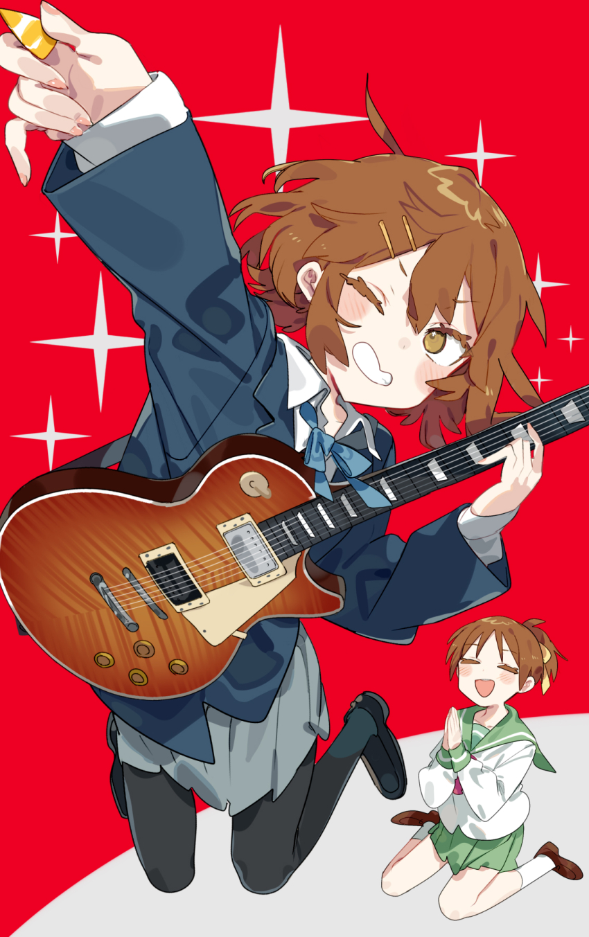 2girls black_footwear blue_ribbon blush brown_eyes brown_footwear brown_hair closed_eyes commentary green_sailor_collar green_skirt grey_skirt grin guitar hair_ornament hair_ribbon hairclip highres hirasawa_ui hirasawa_yui holding holding_instrument instrument jacket k-on! karei long_sleeves multiple_girls neck_ribbon one_eye_closed open_mouth own_hands_together pantyhose pink_nails plectrum ponytail ribbon sailor_collar sakuragaoka_high_school_uniform school_uniform serafuku shirt siblings simple_background sisters skirt smile socks sparkle symbol-only_commentary two-tone_background white_socks