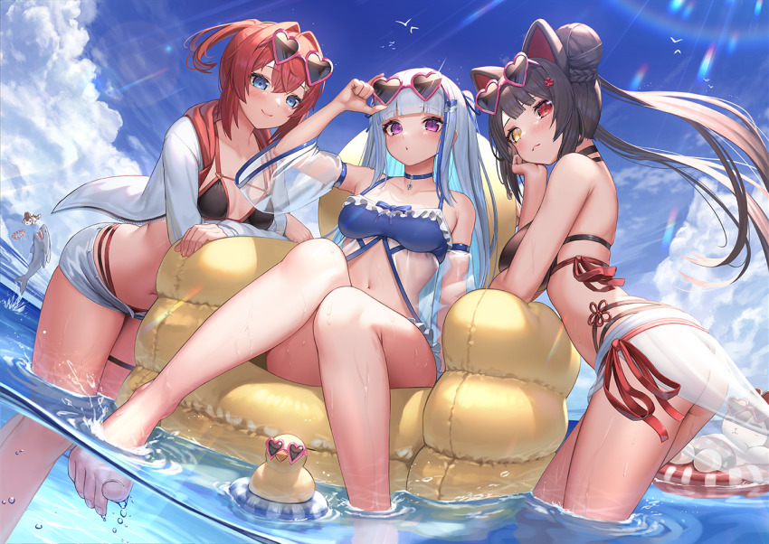 3girls ange_katrina ass bikini bird black_bikini black_hair blue_eyes blue_hair blue_sky blush breasts chick commentary_request day eyewear_on_head hair_bun heart heart-shaped_eyewear heterochromia inflatable_chair innertube inui_toko jacket lens_flare lize_helesta long_hair long_sleeves looking_at_viewer multicolored_hair multiple_girls navel nijisanji open_clothes open_jacket purple_eyes red_eyes red_hair sarong sebastian_piyodore see-through_clothes see-through_sleeves shark shorts single_hair_bun sitting sky small_breasts smile sunglasses suraimu_(suraimuraimu) swim_ring swimsuit thigh_strap two-tone_hair virtual_youtuber wading yellow_eyes