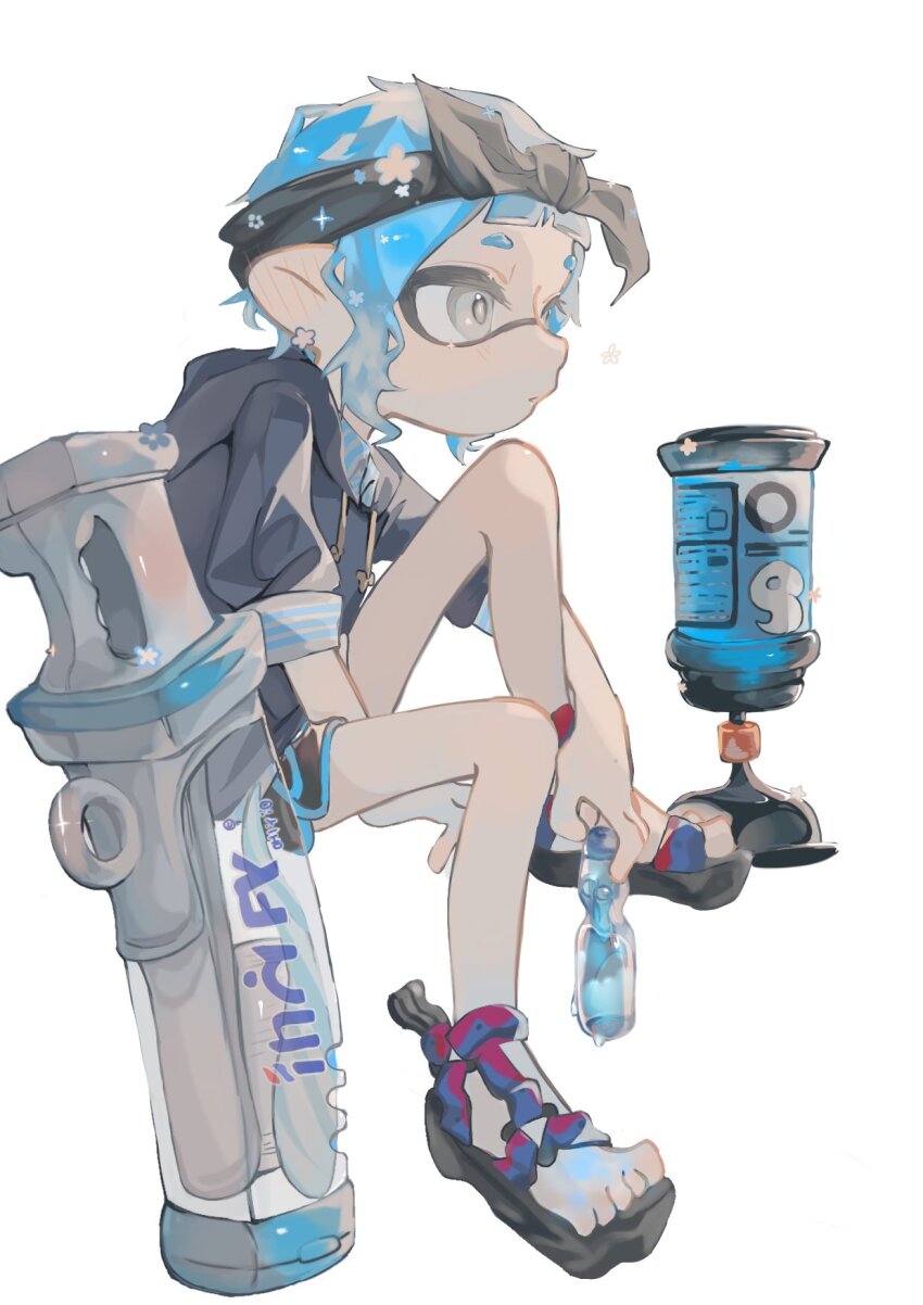 1boy black_bow black_hairband blue_hair bottle bow bow_hairband commentary decavitator_(splatoon) dolphin_shorts full_body grey_eyes hairband highres holding holding_bottle inkling inkling_(language) inkling_boy inkling_player_character invisible_chair looking_ahead male_focus medium_hair mitamo1295701 nintendo sandals shorts simple_background sitting solo sparkle splatoon_(series) splatoon_3 sports_sandals suction_bomb_(splatoon) sword toes weapon white_background