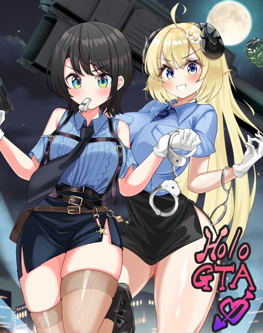 2girls ahoge alternate_costume animal_ears black_footwear black_necktie black_skirt blonde_hair blowing_whistle blue_eyes blue_nails blush breasts brown_hair collared_shirt cuffs explosive flower full_moon gloves grenade gun hair_flower hair_ornament handcuffs highres holding holding_gun holding_handcuffs holding_weapon hololive horns inokeiwd long_hair looking_at_viewer medium_breasts moon mouth_hold multiple_girls necktie official_alternate_costume oozora_subaru oozora_subaru_(8th_costume) pencil_skirt purple_eyes see-through_clothes see-through_clothes see-through_thighhighs sheep_ears sheep_girl sheep_horns shirt shoes short_hair skirt smile suspender_skirt suspenders thighhighs tsunomaki_watame virtual_youtuber weapon weapon_request white_gloves white_shirt