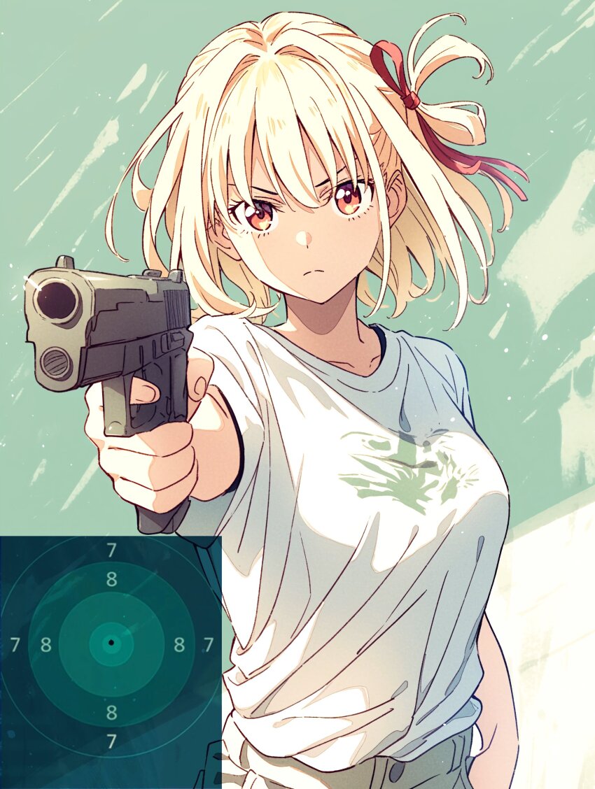 1girl 2024_summer_olympics absurdres aiming aiming_at_viewer blonde_hair breasts frown gun hair_ribbon hand_in_pocket handgun highres holding holding_gun holding_weapon large_breasts looking_at_viewer lycoris_recoil machimachijapan medium_hair nishikigi_chisato olympics one_side_up orange_eyes red_ribbon ribbon solo target weapon white_background yusuf_dikec yusuf_dikec_(meme)