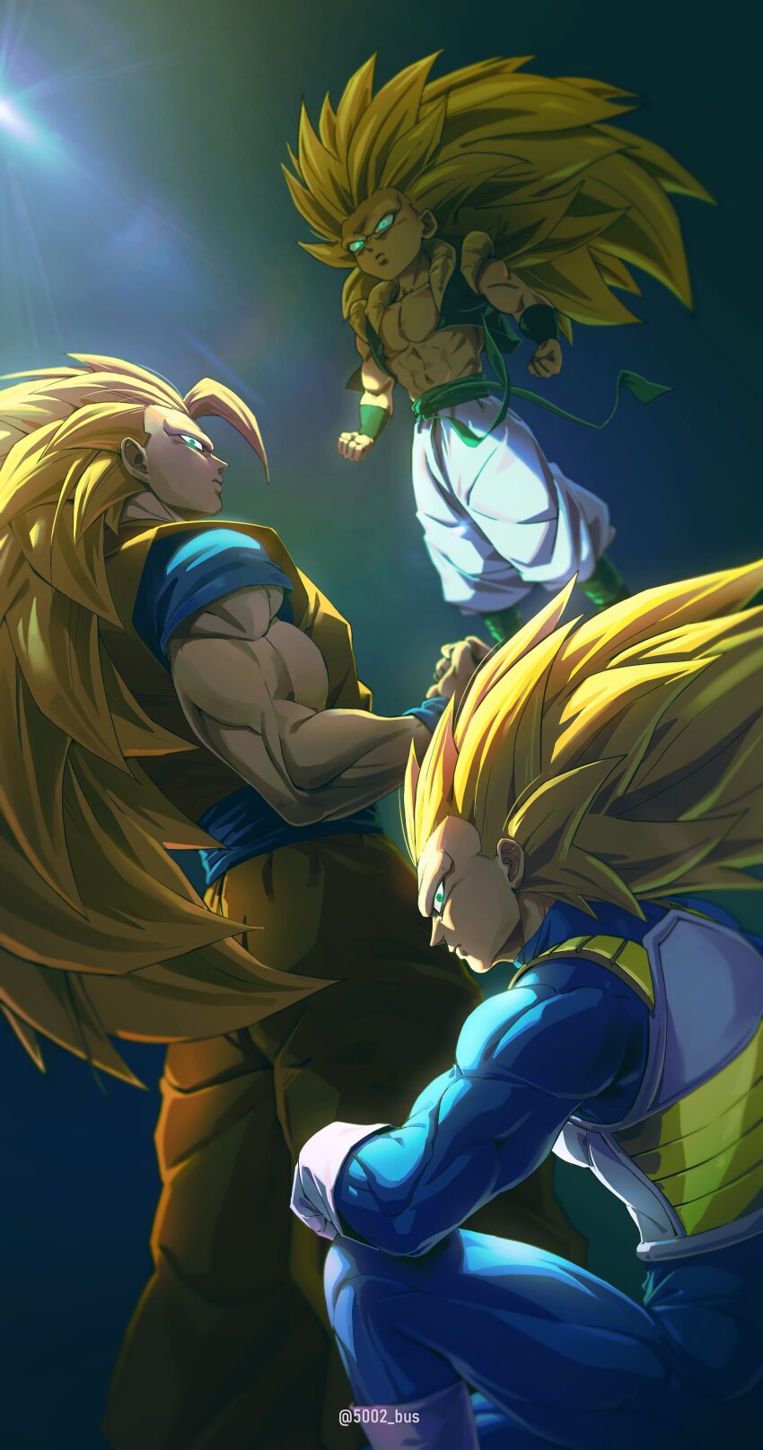 3boys 5002_bus absurdres bare_shoulders black_vest blonde_hair blue_bodysuit blue_sash blue_shirt bodysuit cropped_vest dougi dragon_ball dragon_ball_daima dragonball_z glowing glowing_eyes gotenks green_eyes highres long_hair male_focus metamoran_vest multiple_boys muscular muscular_male no_eyebrows open_clothes open_vest orange_pants orange_shirt pants saiyan_armor sash shirt son_goku spiked_hair super_saiyan super_saiyan_3 vegeta vest