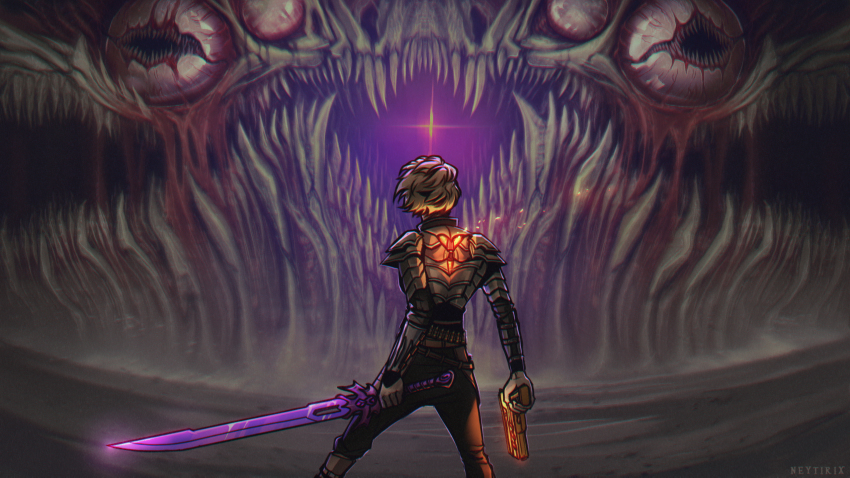 armor artist_name battle belt brown_pants bullet commentary floating_hair from_behind gun highres holding holding_gun holding_sword holding_weapon horror_(theme) monster neytirix pants pewdiepie sharp_teeth short_hair spoilers sword teeth terraria wall_of_flesh_(terraria) weapon