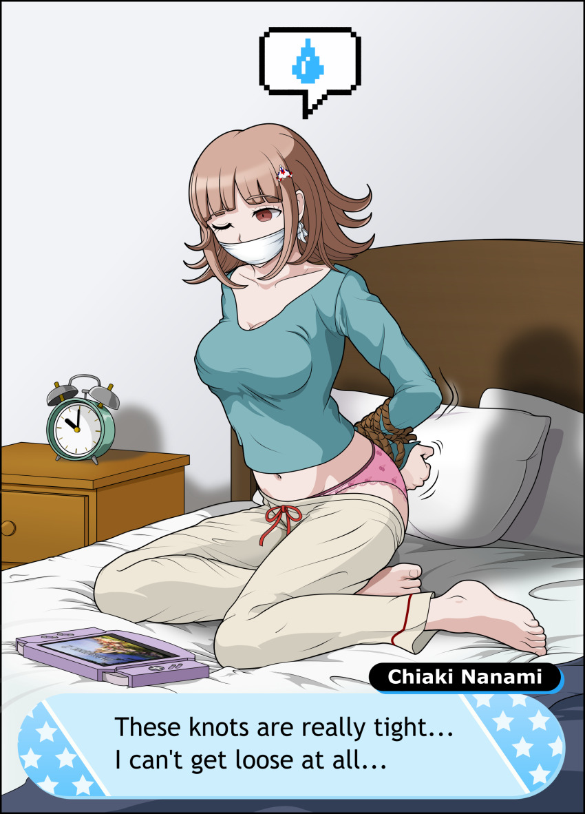 1girl absurdres alarm_clock alternate_costume arms_behind_back barefoot bed bound bound_wrists breasts brown_eyes brown_hair brown_pants clock cloth_gag clothes_pull collarbone danganronpa_(series) danganronpa_2:_goodbye_despair english_text gag gagged galaga green_shirt handheld_game_console highres improvised_gag indoors just_some_guy large_breasts long_sleeves medium_hair nanami_chiaki navel one_eye_closed panties pants pants_pull pillow pink_panties red_ribbon restrained ribbon rope shelf shirt sitting solo speech_bubble underwear