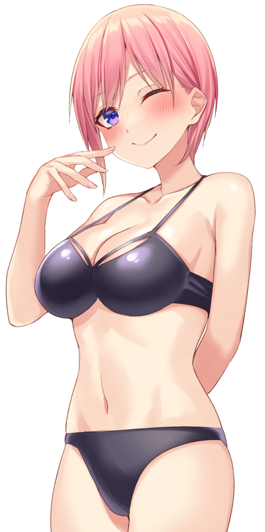 1girl ;) absurdres arm_behind_back bikini black_bikini blush breasts cleavage closed_mouth collarbone commentary_request cowboy_shot go-toubun_no_hanayome hachiroku_(hatirokusann86) hand_up highres large_breasts looking_at_viewer nakano_ichika navel one_eye_closed pink_hair purple_eyes short_hair simple_background smile solo standing stomach swimsuit tachi-e white_background