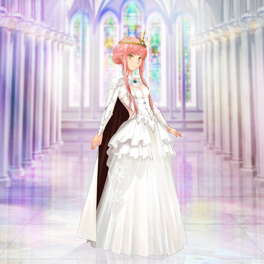 1girl breasts brooch cape cathedral clothing_cutout cnoc_na_riabh_(fate) crown dress fate/grand_order fate_(series) frilled_dress frills full_body game_cg highres indoors jewelry long_dress long_hair long_sleeves looking_at_viewer medb_(fate) official_art pink_hair red_cape sidelocks small_breasts solo standing takayama_kisai third-party_source two-sided_cape two-sided_fabric updo white_cape white_dress yellow_eyes